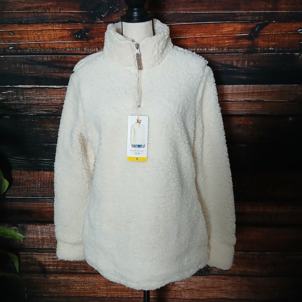 NWT Weatherproof Vintage S Fleece Pullover Sweatshirt Cream Faux Fur